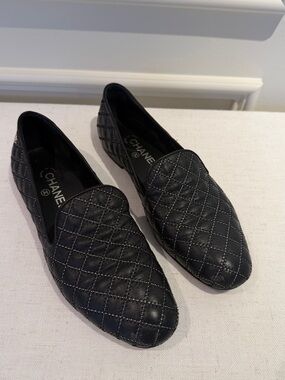 CHANEL Black Quilted Leather Slip-On Loafers